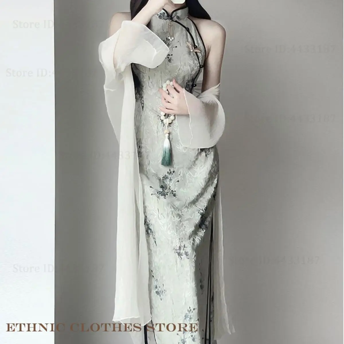 

Elegant Traditional Female Long Qipao Summer Sleevelesse Slim Split Cheongsam Chinese Dress Retro Classic Print Flower Vestidos