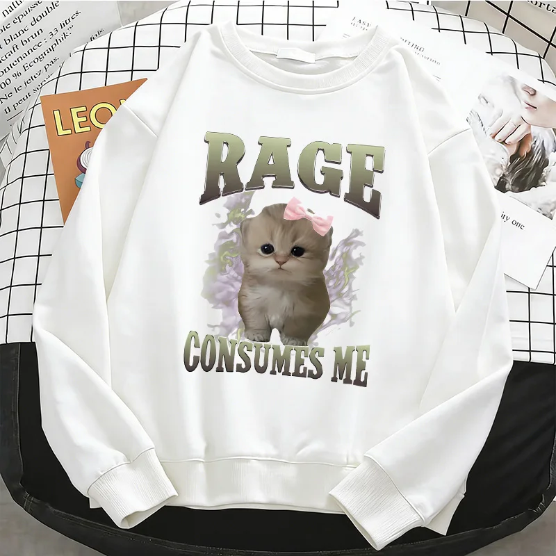 

Модная флисовая толстовка с капюшоном и забавным принтом «Retro Rage Consumes Me Cat», мягкий пуловер с круглым вырезом, повседневная женская одежда в стиле кавайи