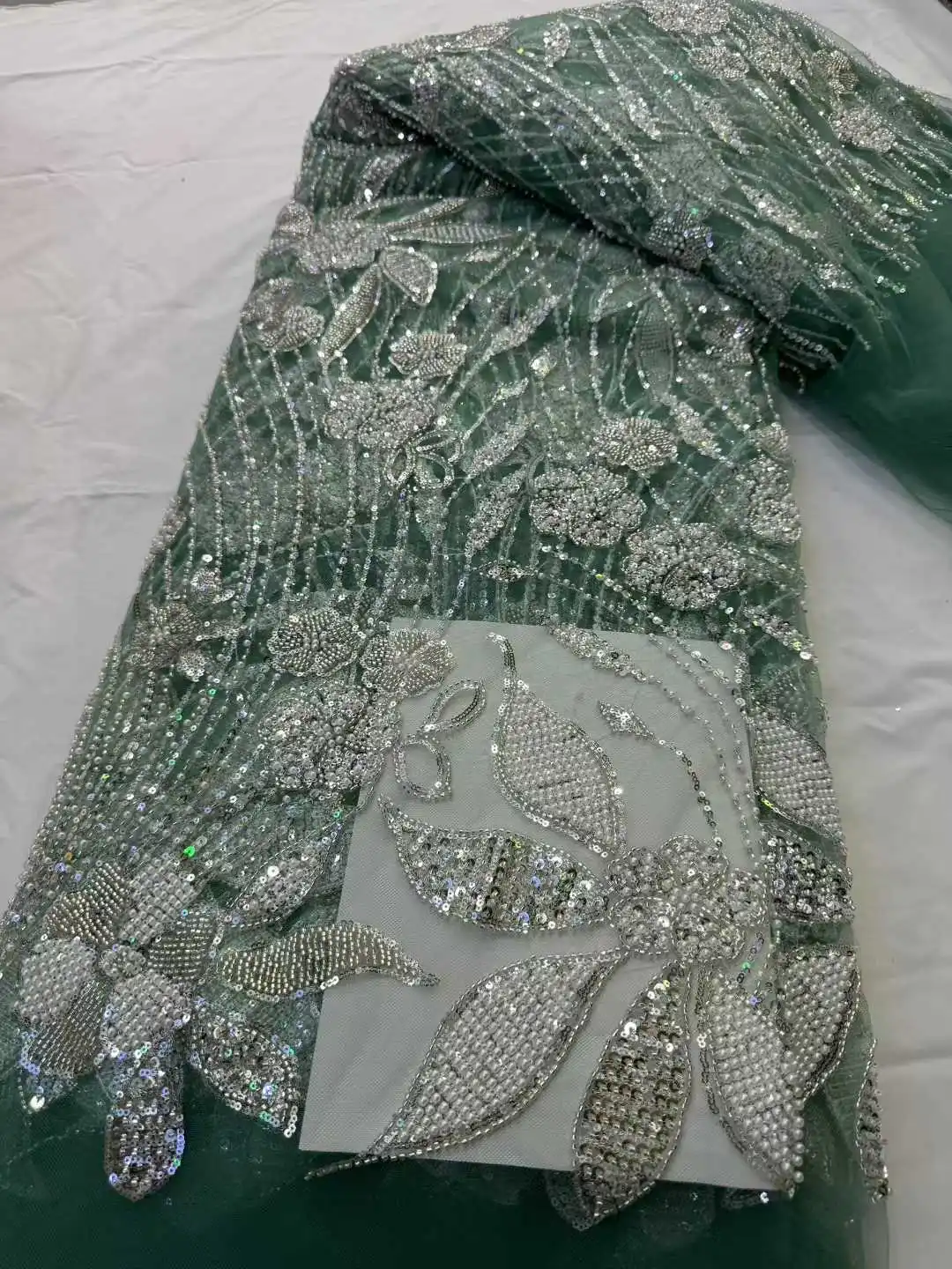

African Groom Luxury Beaded Tulle Lace Fabric 2025 Nigerian Handmade Heavy Sequins Pearls Mesh Lace Fabric Bridal Wedding Dress