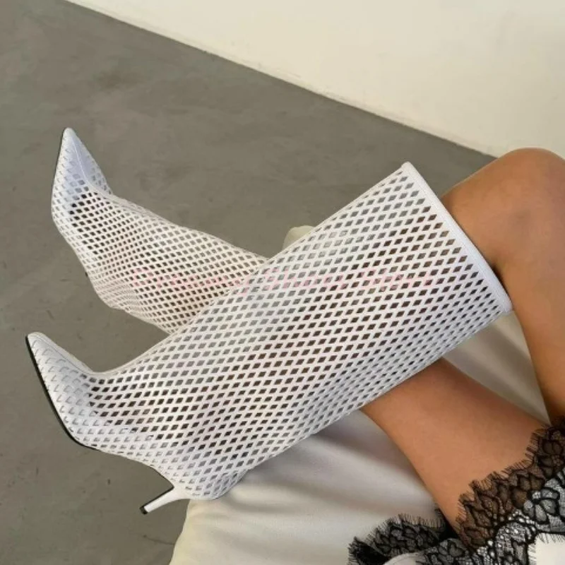 

White Hollow Mesh Pointed Toe Thin Heel Long Boots Women Fashion Solid Slip On Knee High Boots Street Style Party Catwalk Shoes