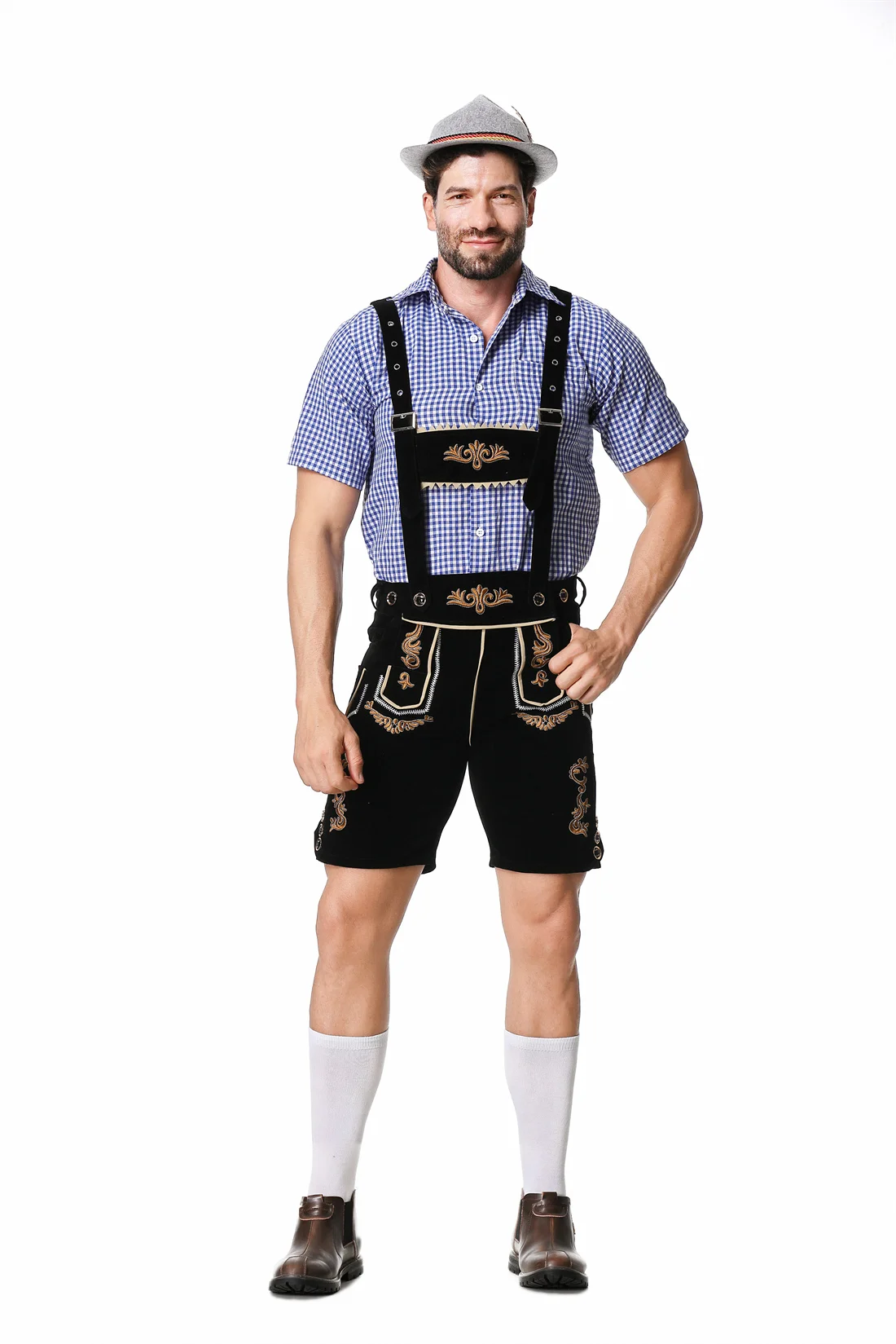 M-XXL Men Oktoberfest Costume Bavarian German Beer Festivals Lederhosen Suspenders Shirt Hat Male Cosplay Outfit