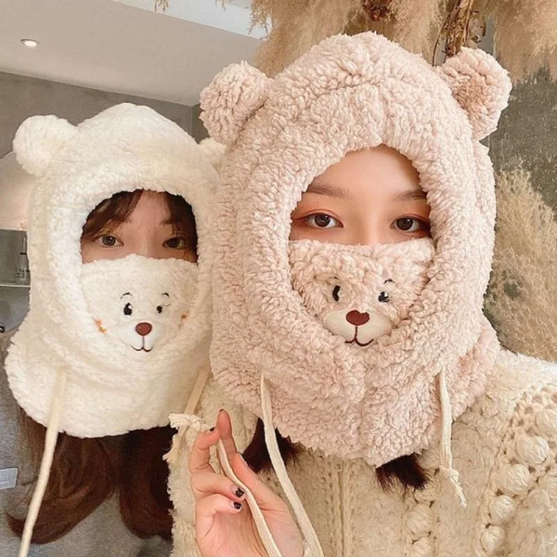 New Cute Bear Scarf Hat Earflap Hat Winter Warm Thickened Plush Cap Outdoor Windproof Ear Protectors Hats with Warm Mask