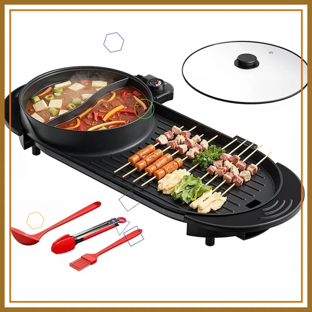 

2200W Electric Grill & Hot Pot Combo with Dual Zone Control - Large Nonstick Skillet, Indoor Smokeless BBQ for Family Party