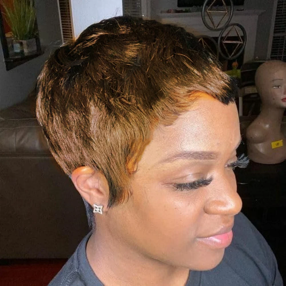 여성용 숏 픽시컷 가발, 150% 밀도 버진 생인모, 풀머신 제작, 숏 레이어드 앞머리 가발, 데일리용