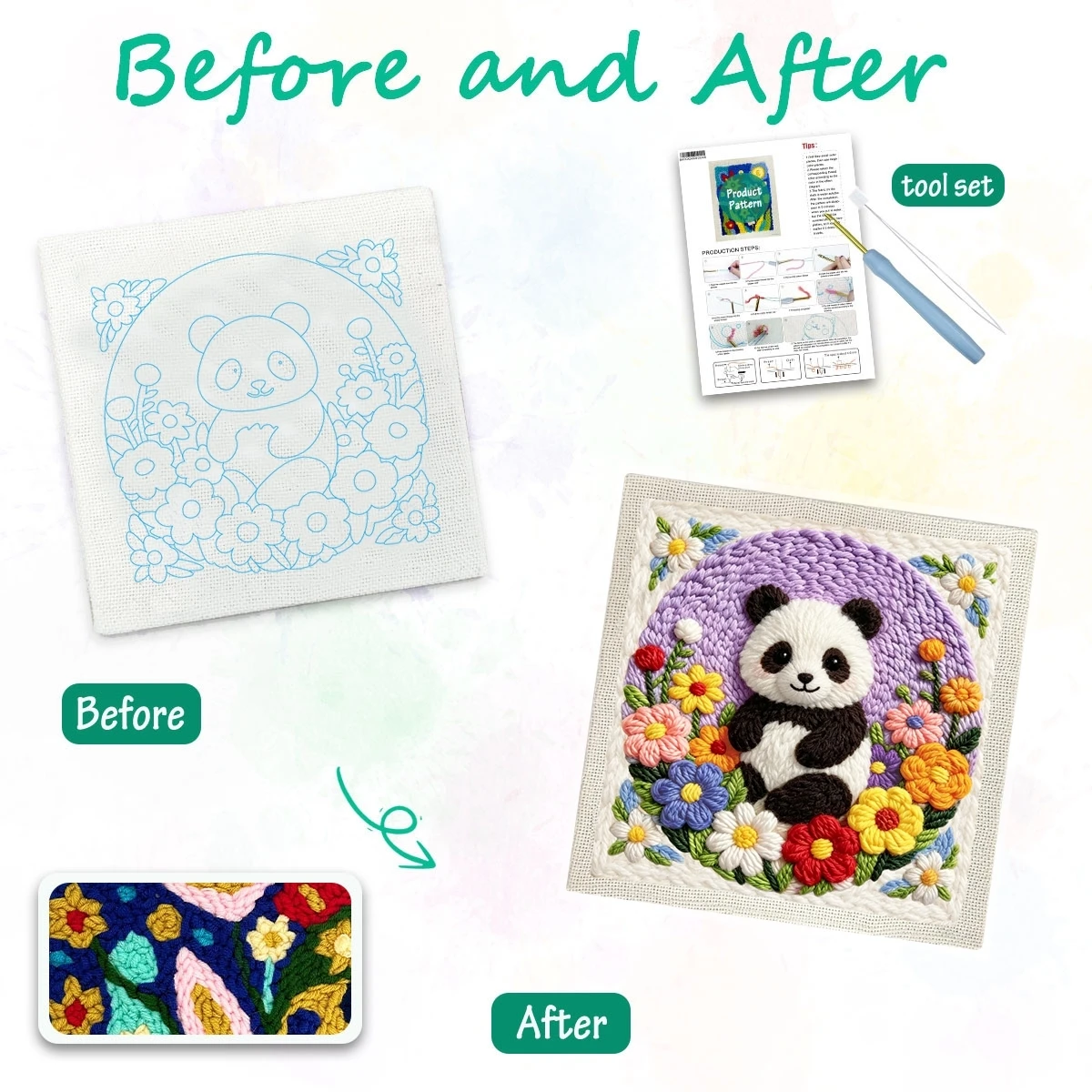 1 Set Panda-Blumenkranz DIY-Stickerei-Set für Anfänger, Stick-Starter-Kit, Kreuzstich-Kunstgeschenk, Handarbeits-Bastelset – Detail 1