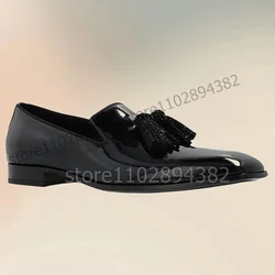 Rhinestone Tassels Decor Black Patent Leather Loafers Fashion Slip On Men Shoes Luxurious Handmade Party Wedding Men Dress Shoes