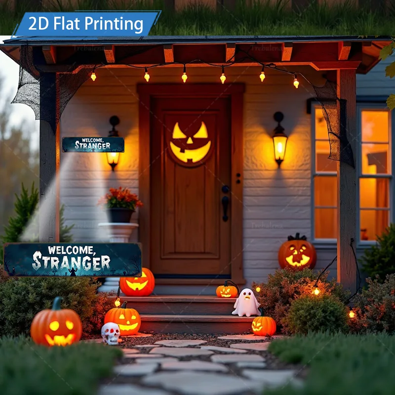 قطعة واحدة من لافتة معدنية، لافتة "مرحبًا بالهالوين مقاس 4 × 16 بوصة مع أضواء اليقطين والخفافيش للديكور المخيف