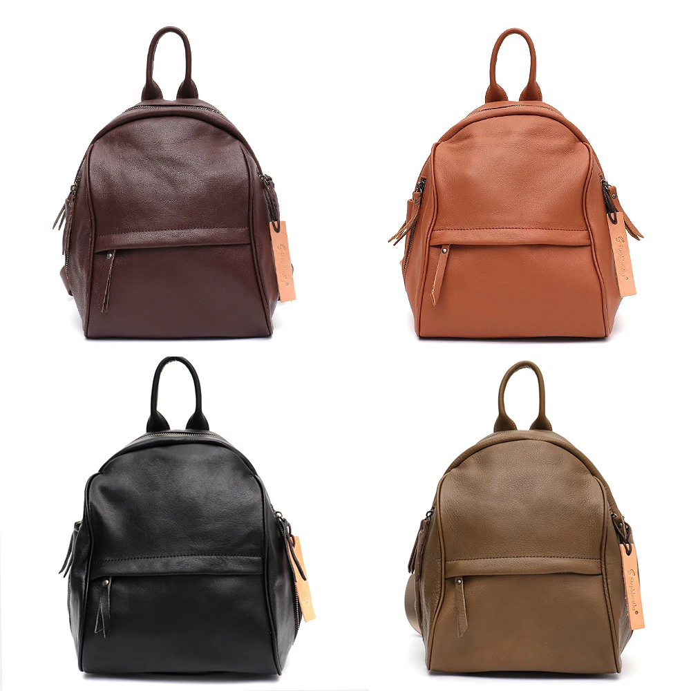 SC Luxury Quality Genuine Cow Leather Women Backpack Retro Casual Solid Color Shoulder Bags Satchel Simple Daily Travel Day Pack