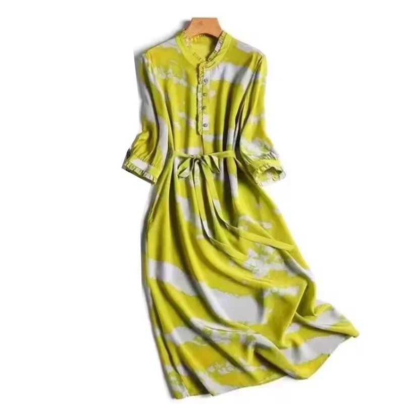 Satin Dress 2024 Summer Seven-sleeve Lotus Leaf Collar Waist Lace-up Printed Fashion Casual High-end Pullover Long Dresses