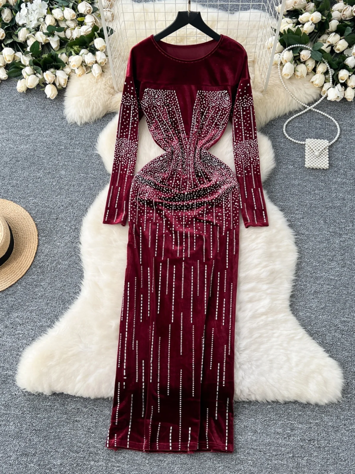 Velvet Long Sve Slimming Evening Par Dr Women's Faionable Winter High Waist A-Line Skirt Mid-Length Korean Sle