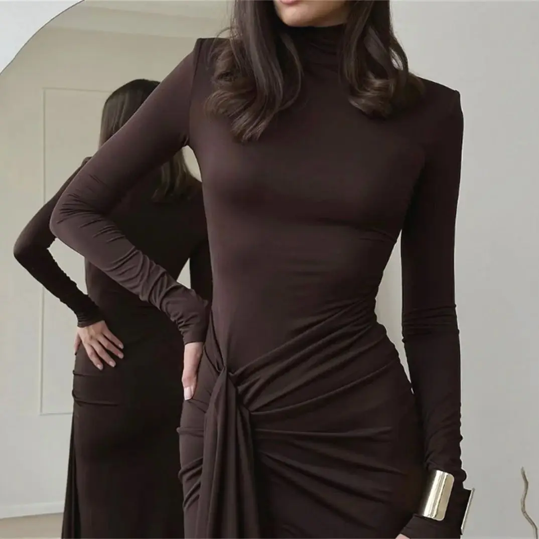 Women Fashion Sexy Split Dress Solid Mock Turtleneck Hip Wrap Dresses Long Sleeve Spicy Girl Vestidos Party Evening Club Dresses