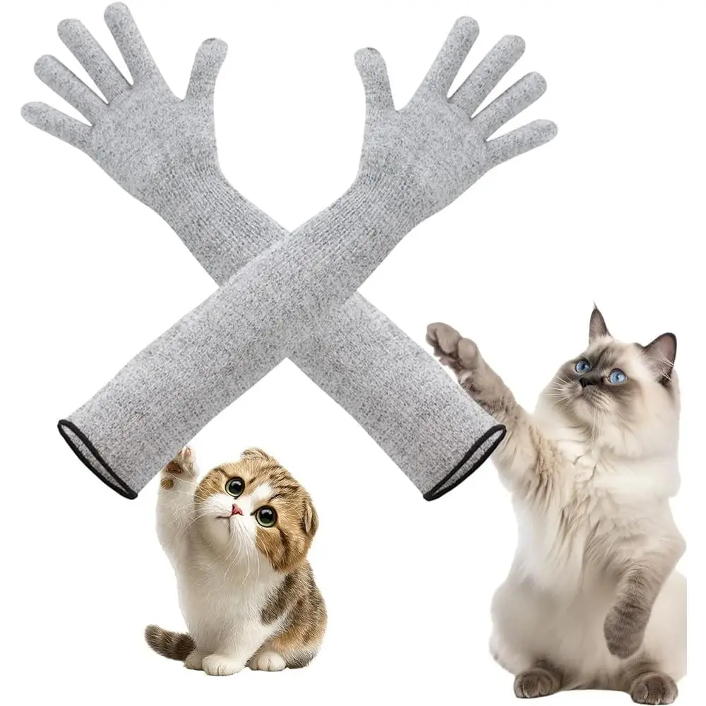 

16 Long Cat Grooming Arm Sleeves - Anti-Scratch, Bite Resistant for Bathing & Nail Trimming (Gray)