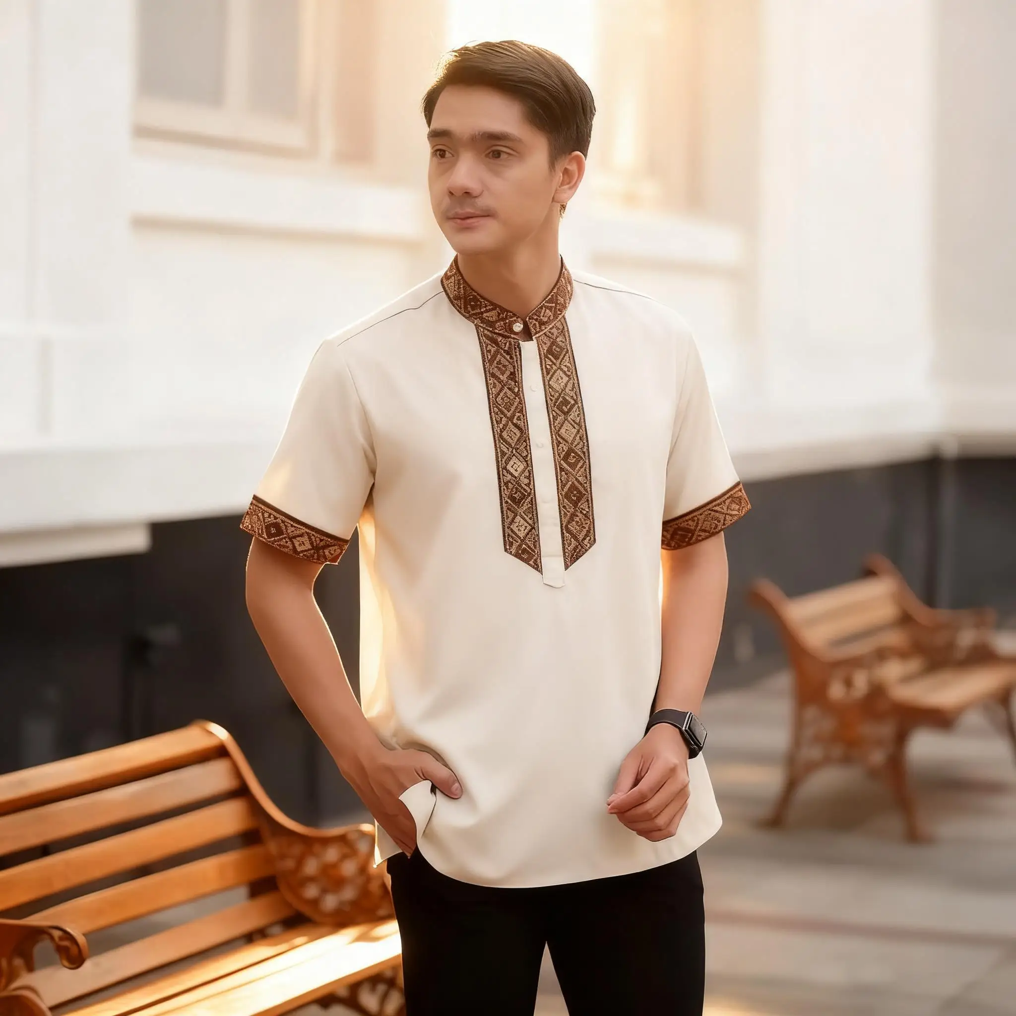 

Рубашки с короткими рукавами, мусульманская молитвенная одежда, роскошные костюмы в африканском стиле с бронзовым принтом, арабский национальный стиль, Maroc Homme