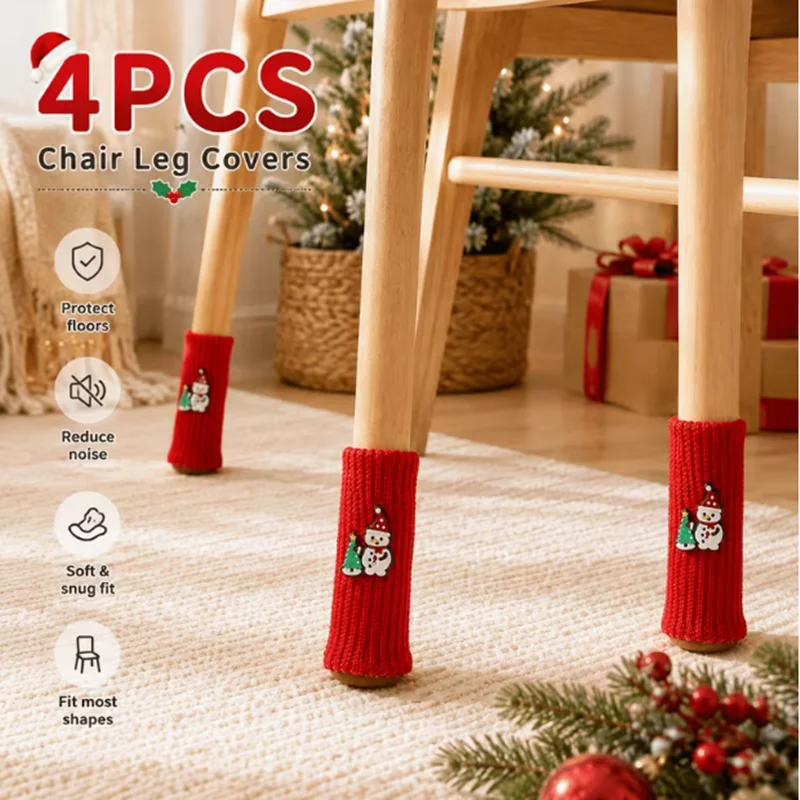 4pcs Christmas snowman chair foot covers, table and chair wear-resistant foot pad covers, Christmas decoration table leg covers
