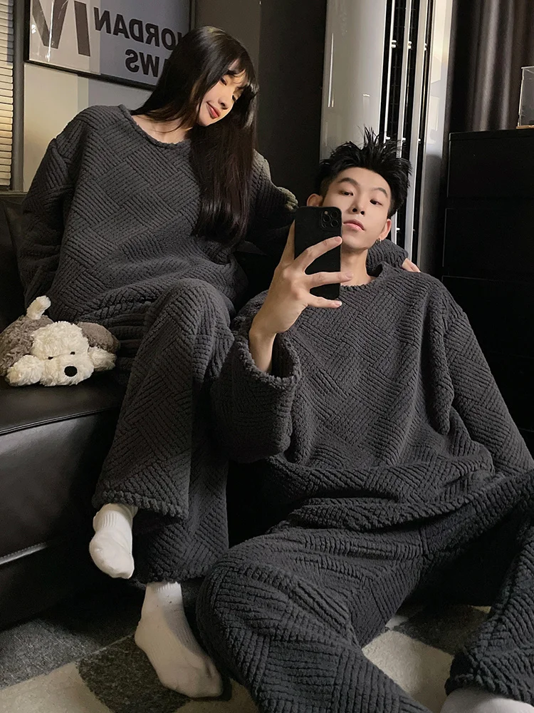 DAIMELU autumn and winter sleepwear couple pajamas women's coral fleece flannel thickened warm men's high-end loungewear suit