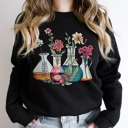 Floral Beakers Chemistry Lab Scientist Gift Biology Teacher Sweatshirt Fantasy Apparel Y2K Top Dark College Daily Sweatshirt