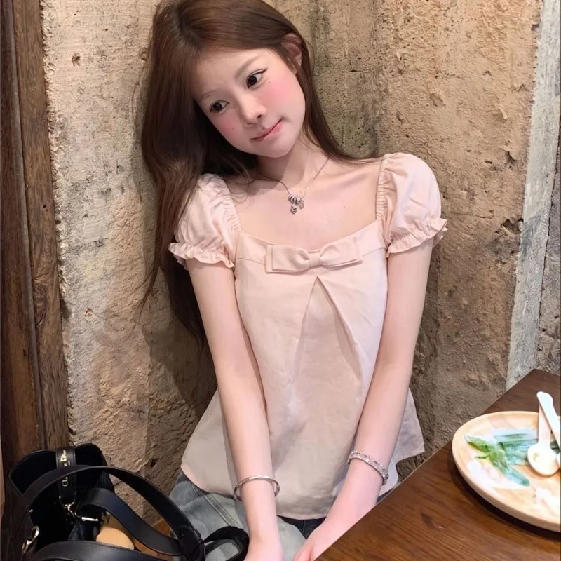 Kimotimo Sweet Bow Short Sleeve Shirts Women Summer New Square Collar Versatile Crop Top Japanese Y2k Aesthetic Blouse Blusas