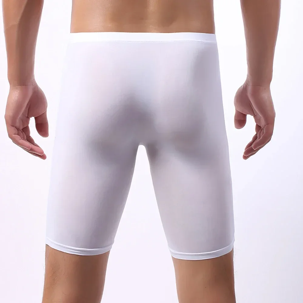 Long Men Bulge Pouch Underwear Ice Silk Shorts Mens Sport Seemless Long Leg Knickers Underpants Sexy Pouch Panties