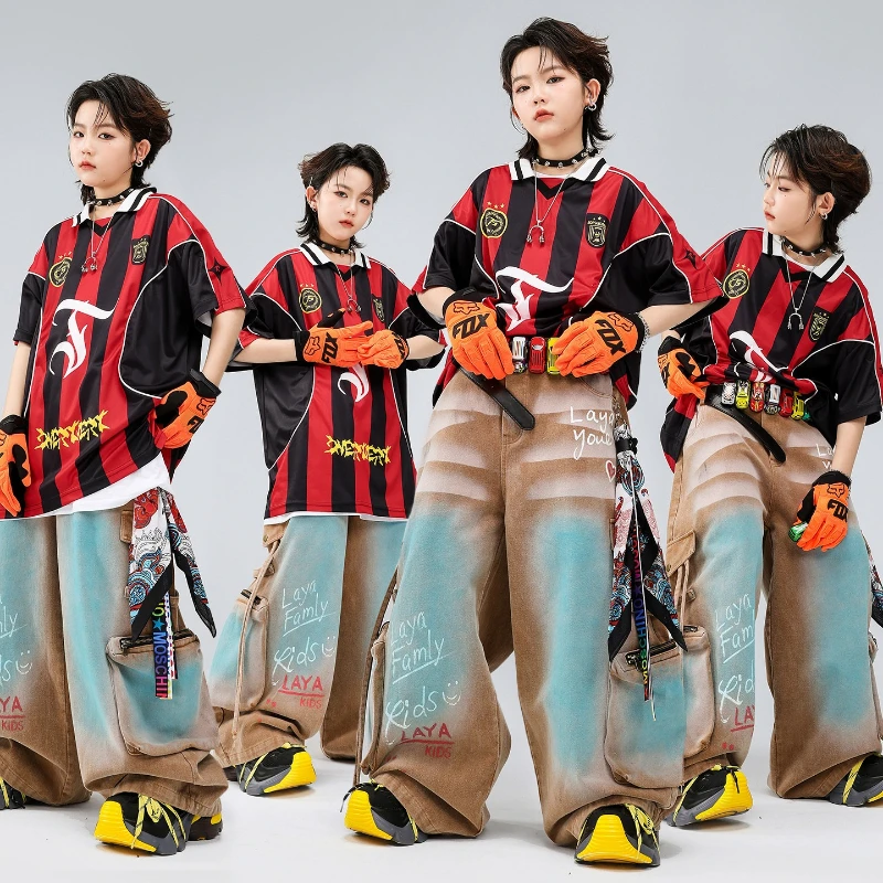 

New Boys Street Dance Clothing Hip Hop Striped T Shirt Loose Pants Group Breaking Poppin Performance Wear Cool Stage Clothes Set