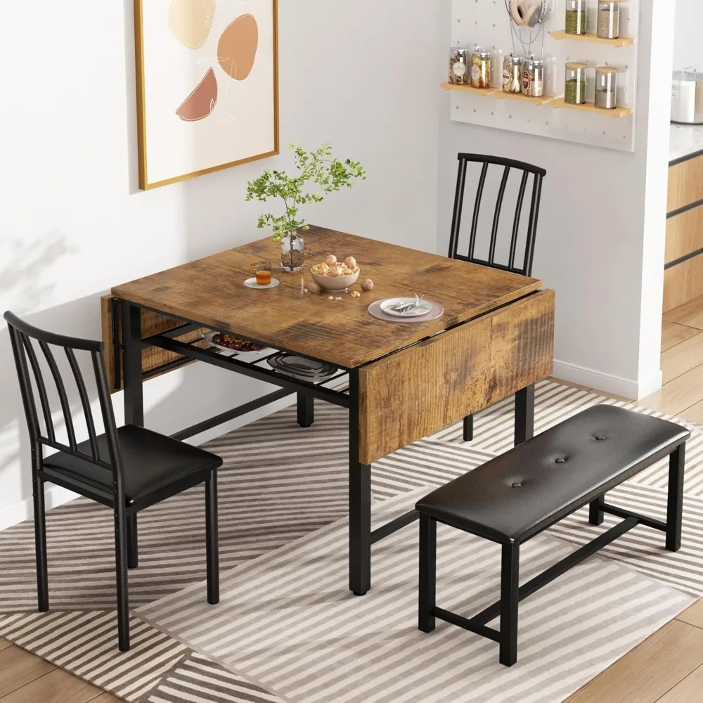 4-Piece Faux Wood Drop Leaf Dining Table with Storage Rack, Space Saving Breakfast Nook Table Set with 2 Backrest Chairs an