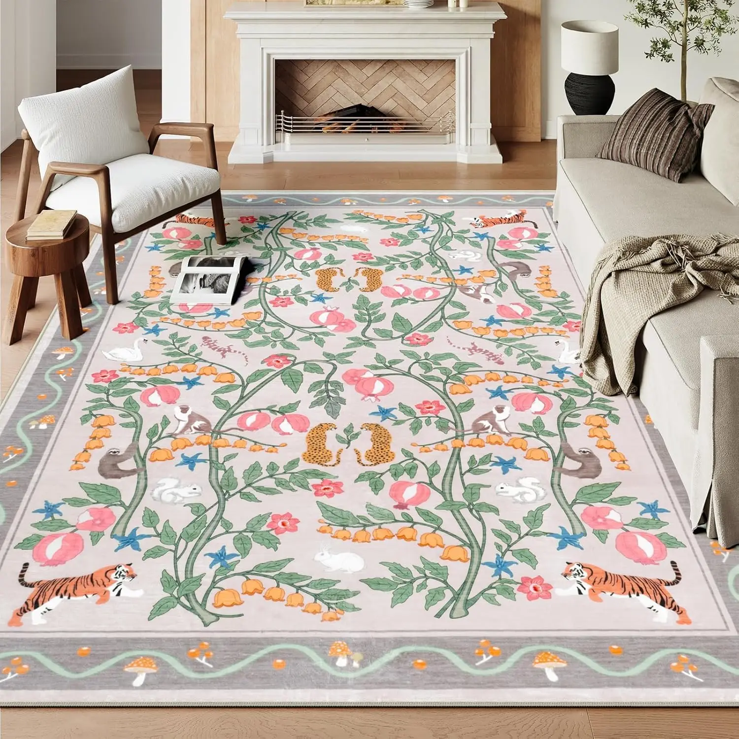 

Fantasy Forest Animal Carpet Home Decoration Carpet Tiger Leopard Monkey Rabbit Swan Flower Pattern Home Decoration Carpet Mat