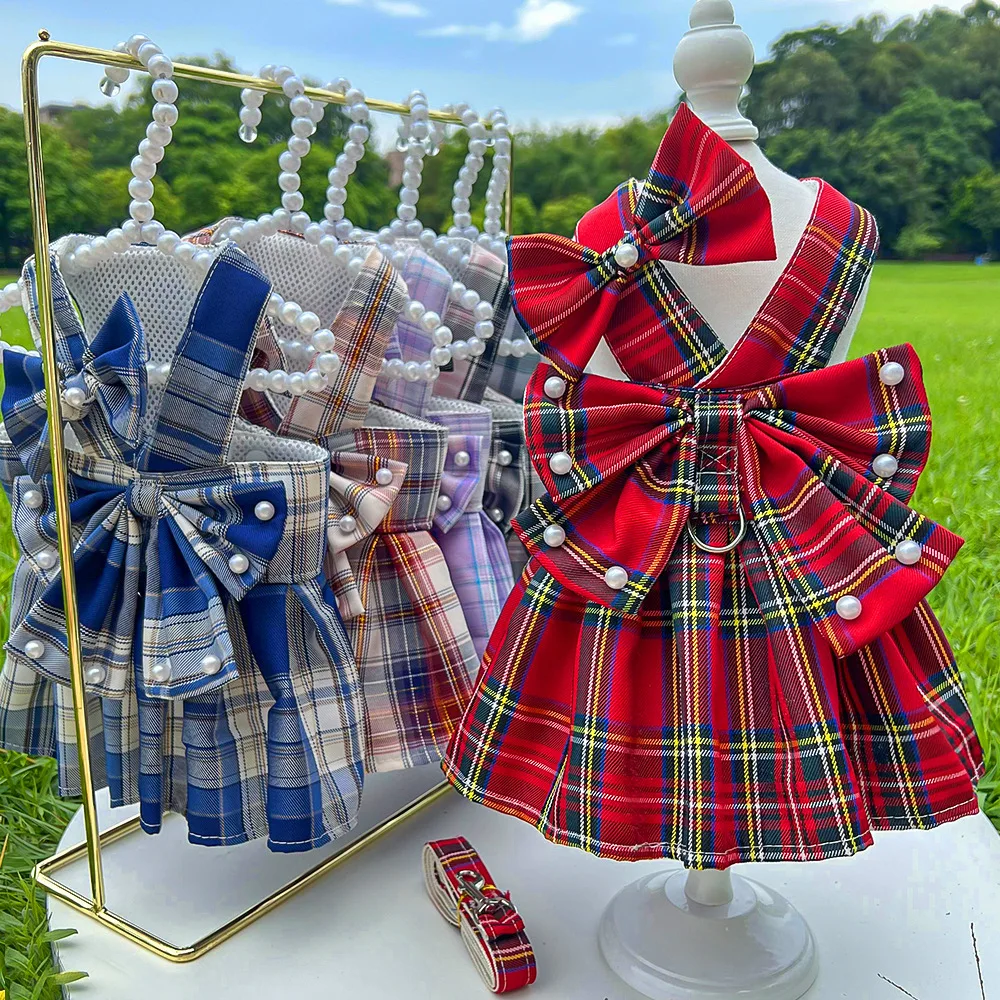 

Double Layered Bow Pearl Decor Puppy Cat Dresses Summer Pet Clothes Fashion Plaid JK Dress with Leash Sets for Small Dogs Cats