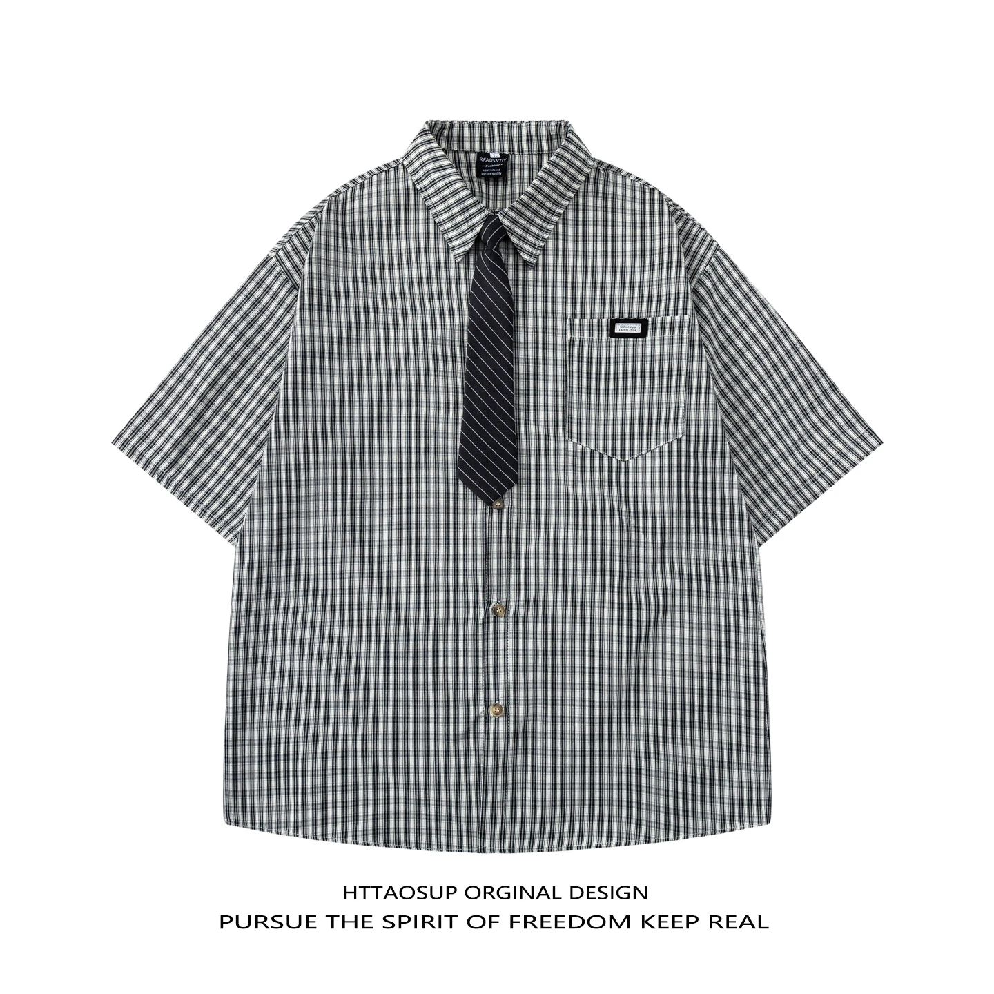 HTTAOSUP American College Style Short Sleeve Shirt Unisex Summer Retro Casual Versatile Shoulder Drop Shirt Loose Fit Polyester