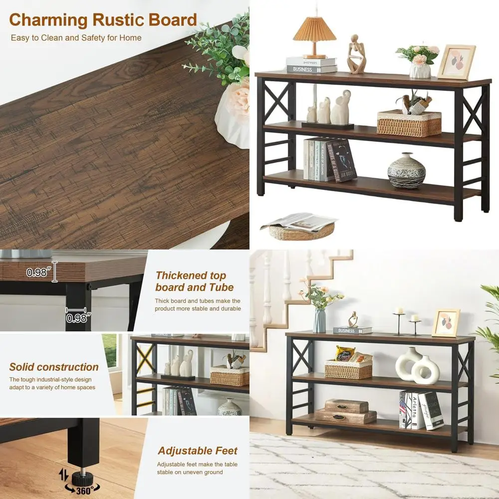 طاولة كونسول خشبية هندسية على الطراز الصناعي مع لمسات معدنية، 55 رف ريفي من 3 طبقات للمساحات المعيشة والممرات في الحاجب #1