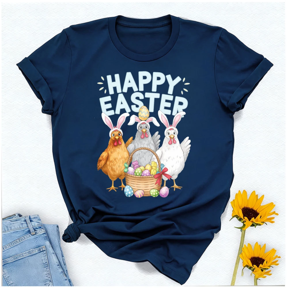 Happy Easter Chicken T-Shirt Cartoon Chickens with Bunny Ears Egg Basket Graphic Playful Festive Casual Outfits Short-sleev