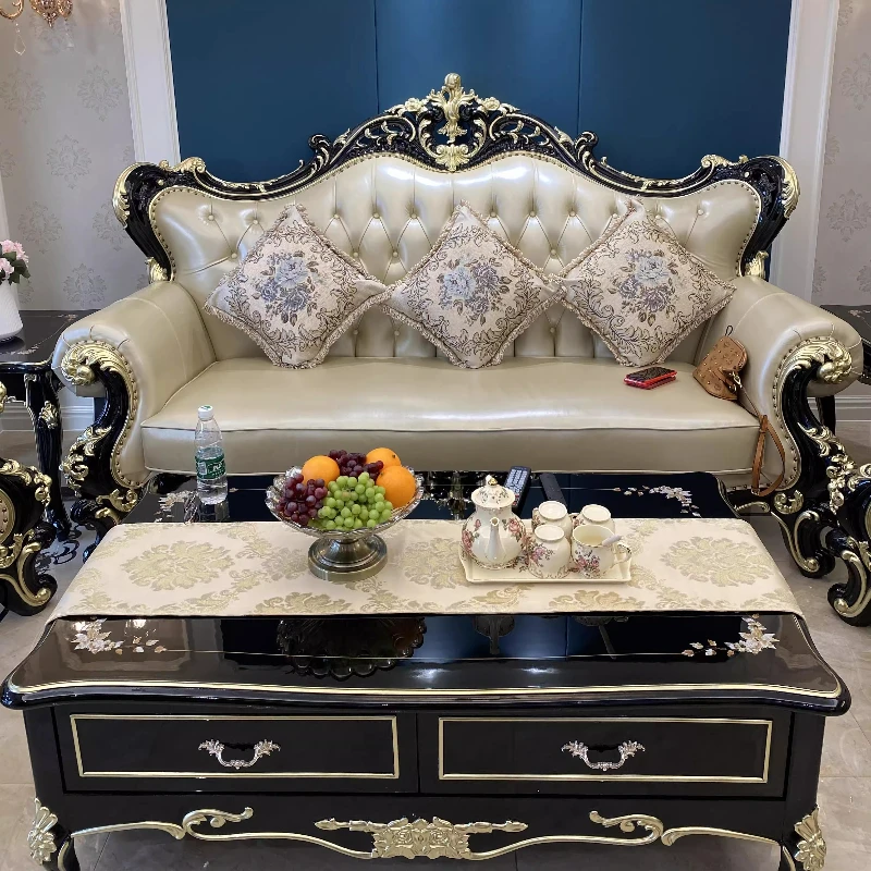 

European leather sofa combination, large villa luxury solid wood carving flower first layer cowhide sofa