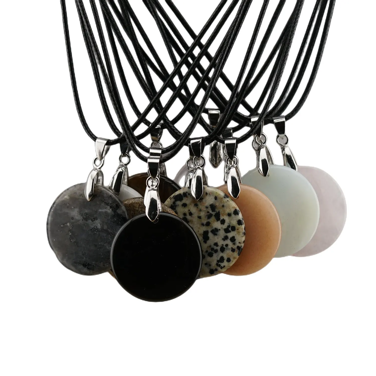 Gemstone Disc Pendant Necklace 1.2Inc Flat Circle Round Beads Crystal Healing Chakra Jewelry 18