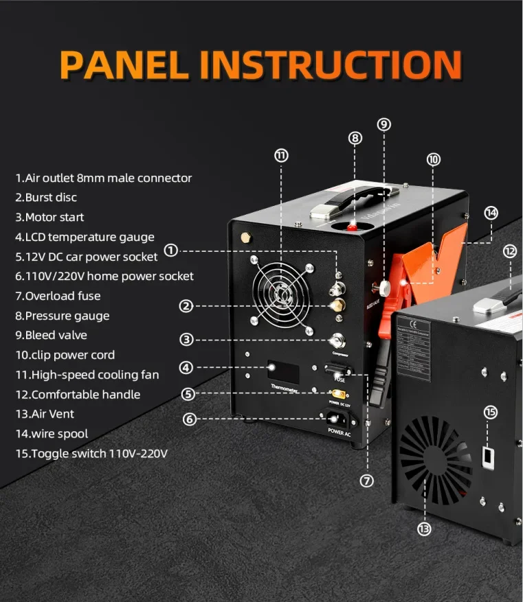 Compressor de ar PCP, parada automática alimentado por carro ou casa DC 12V AC 110V/220V, 4500Psi/30Mpa/300Bar