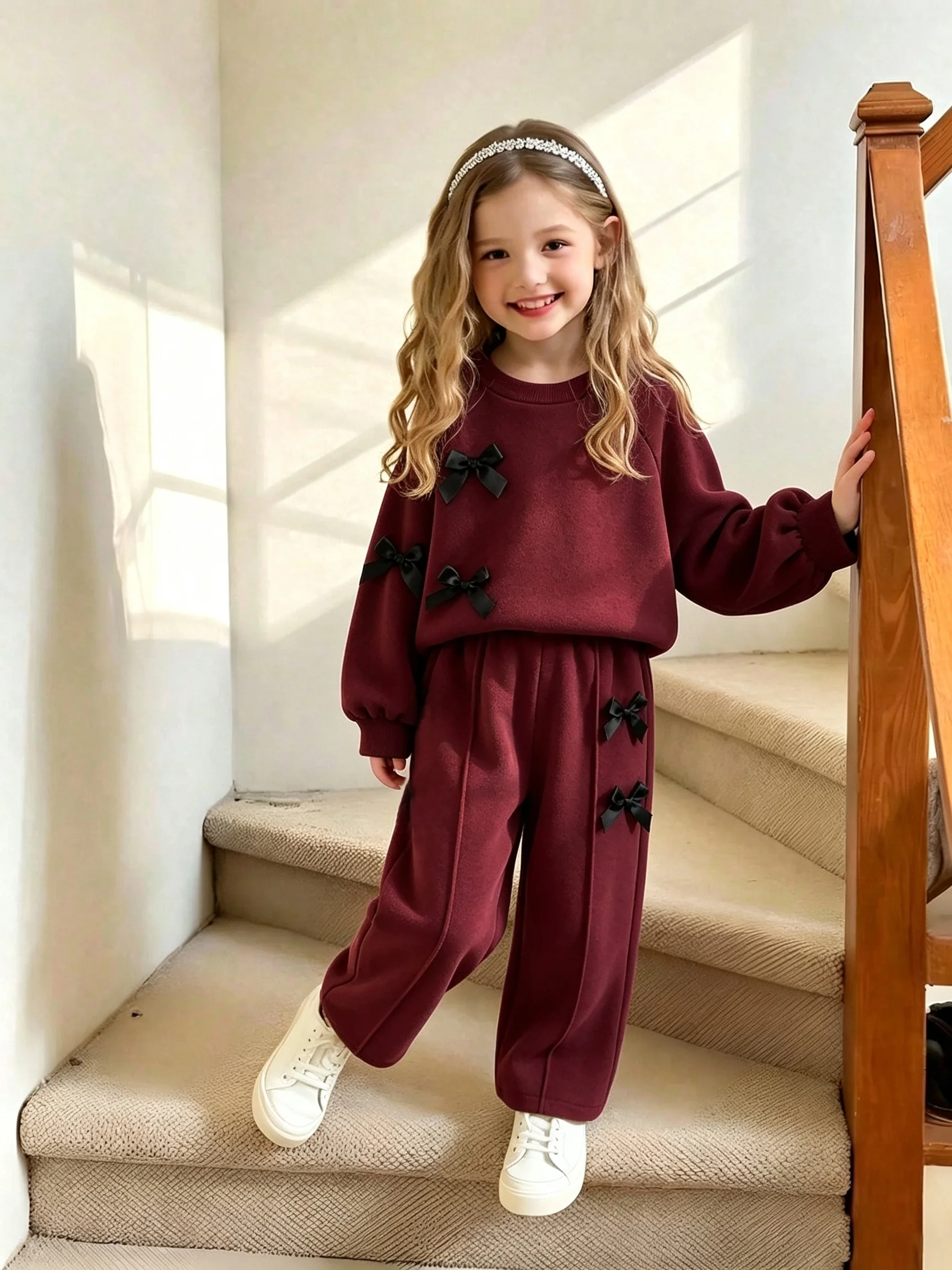 Girls' Autumn Casual Outfit: Children's Bowknot Decorated Burgundy Clothes, Girls' Round Neck Sweatshirt + Wide-Leg Pants Two-Piece Set, Suitable for Kids Over 3 Years Old, Versatile Clothing for Home and Outings