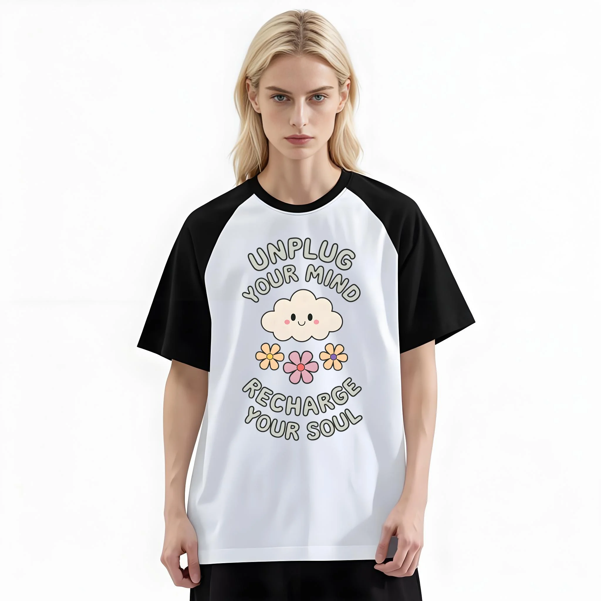 Women'S Fashion Raglan Sleeve T-Shirt, Unplug Your Mind Relax Cloud Floral Printed, Summer Casual Comfortable Tee, Women'S Everyday Short-Sleeve Top