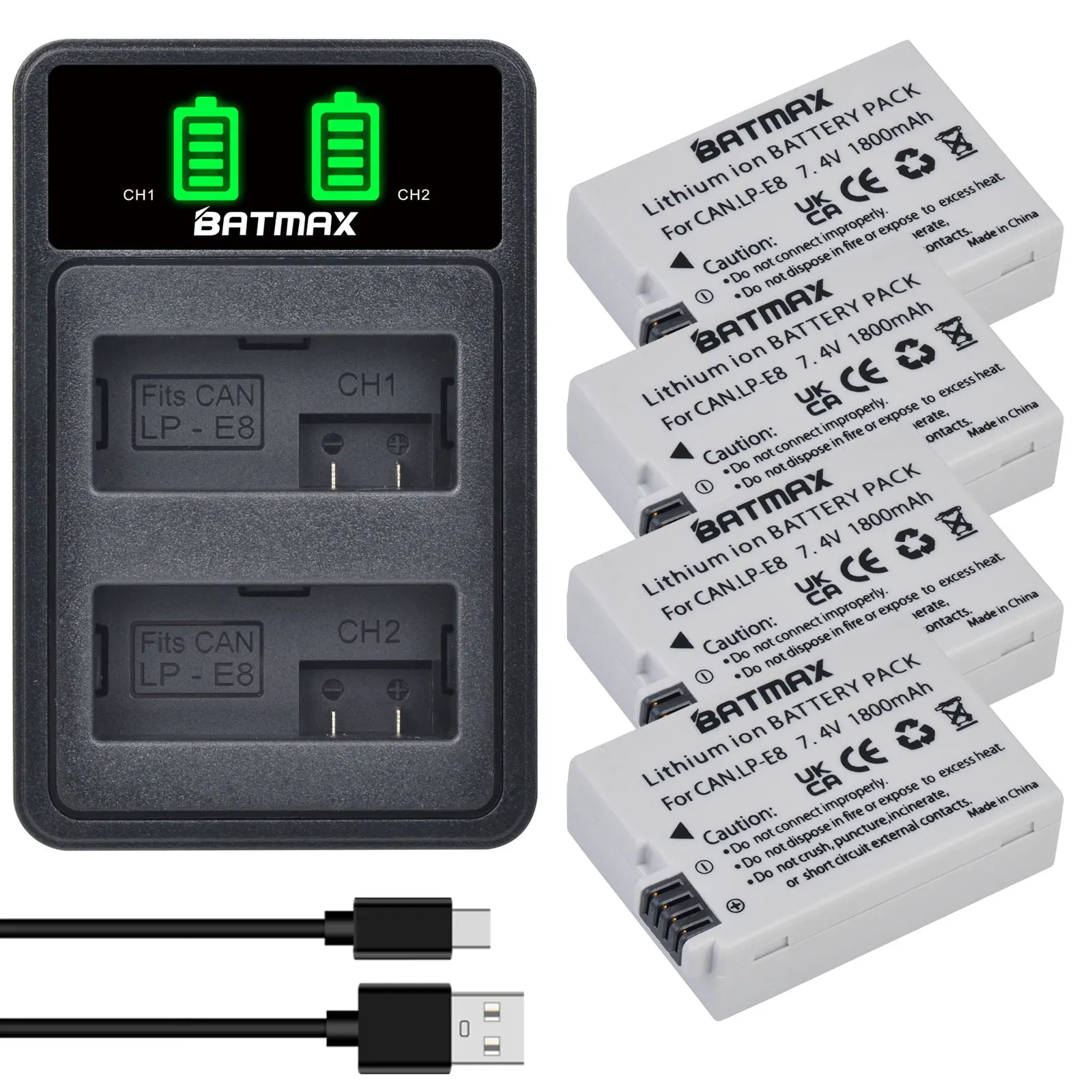 Batmax LPE8 LP-E8 Battery+LED Dual Charger with Type C Port for Canon EOS 550D 600D 650D 700D Rebel T2i T3i T4i T5i