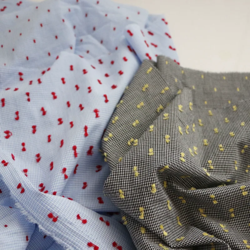 Classic black and blue checkered woven cotton fabric with embroidered double-sided polka dots handmade DIY clothing fabric