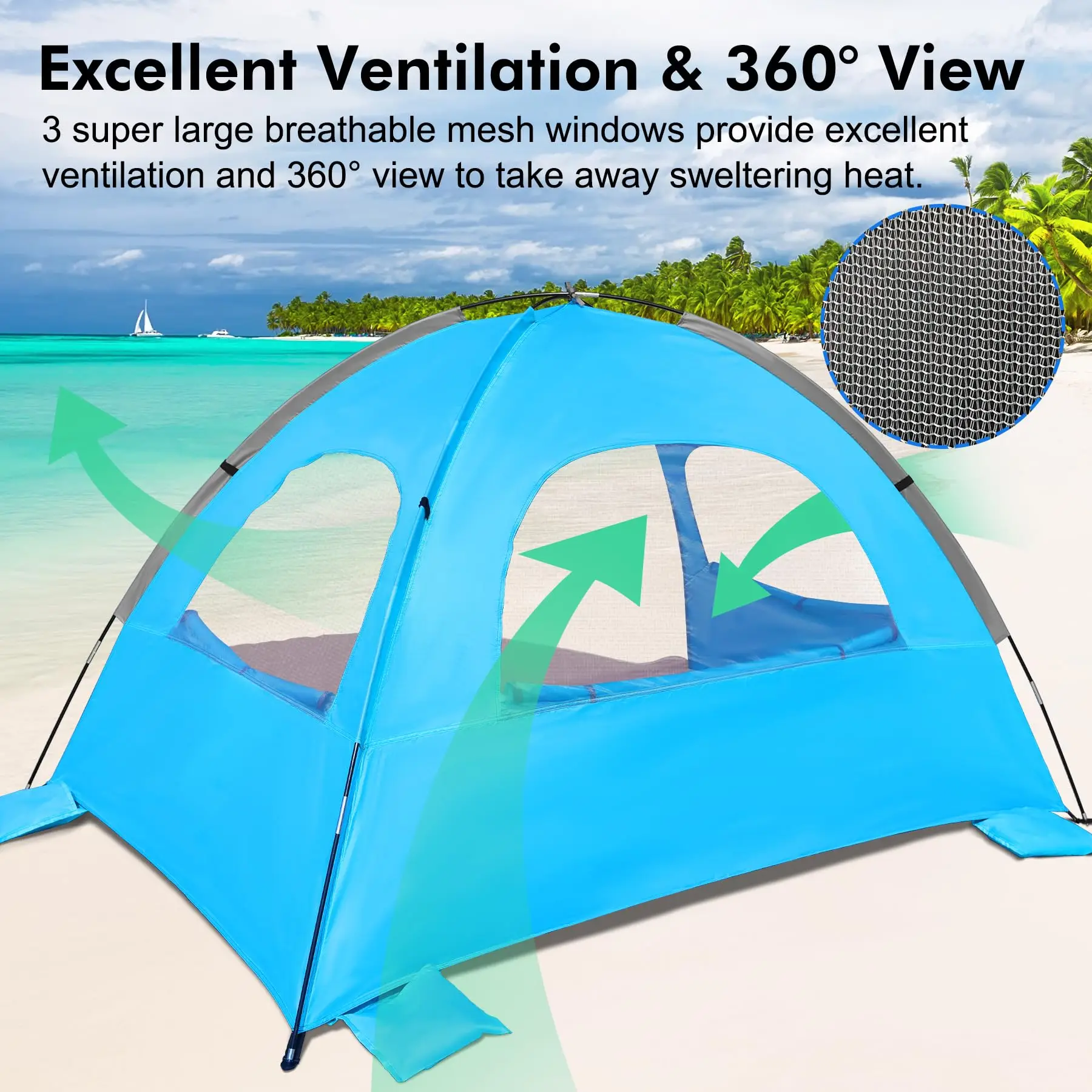 Beach Tent Awning For 2-3 Persons With Uv Protection, Extended Floor, 3 Mesh Roll Windows And Fiberglass Rods For Carrying Bags