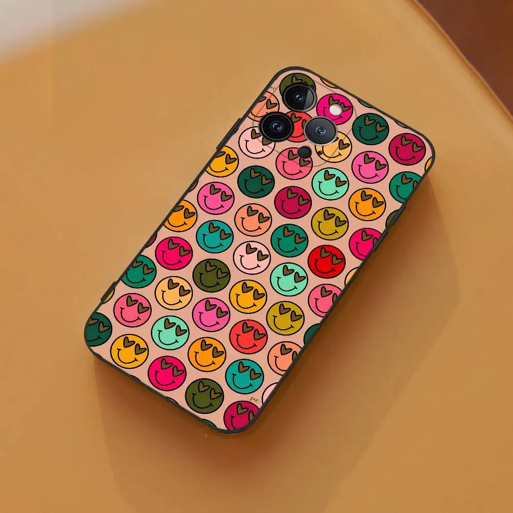 Custodia per telefono con sorriso colorato a forma di cuore e occhi per IPhone 11 12 13 14 15 16 Pro Plus Mini Max Custodia morbida in silicone TPU nero
