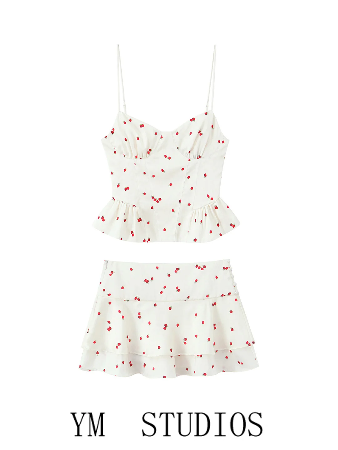 Women's Sweet Style Strawberry Print Halter Vest Top with Lace Hem Short Skirt Set Anti-Light Walking Layered Design Polyeste...