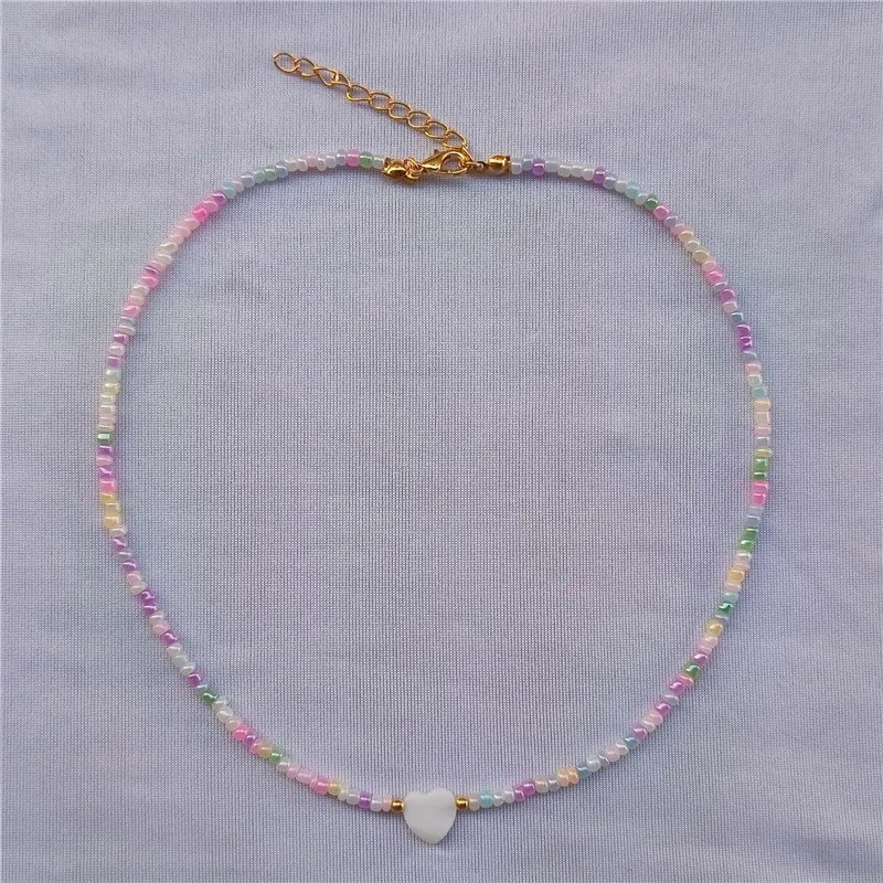Handmade Multicolor Seed Beads Necklace for Women Multicolor Sweet Heart Pendants Necklace Summer Girls Choker Collar Fashion