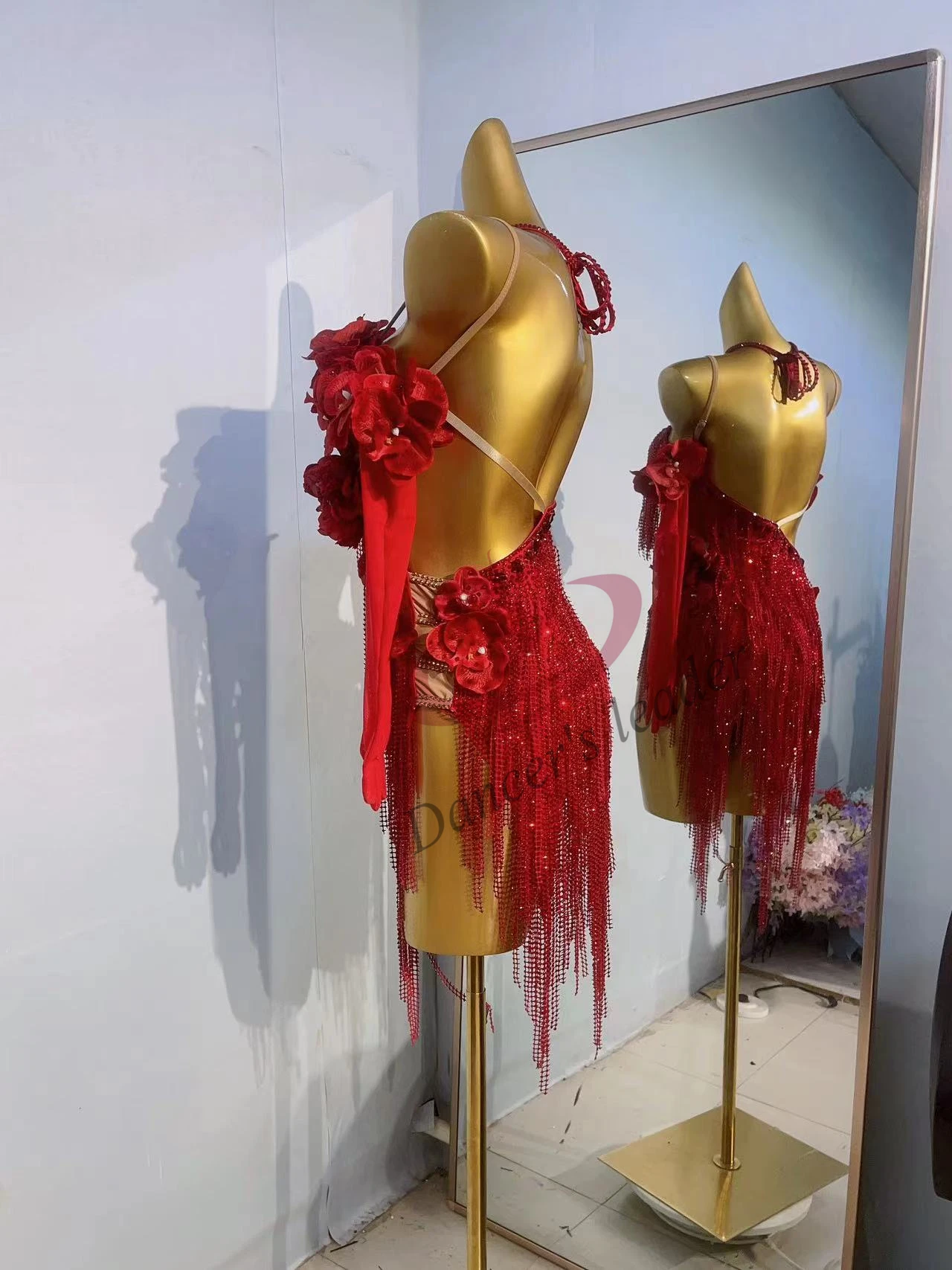 Latin Dance Stage Performance Big Red Flower Hanging Ornaments High-end Custom Design International Dance Competition Clothing