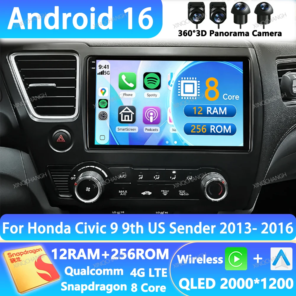 Android 16 Car Radio For Honda Civic 9 9th US Sender Multimedia Stereo Video Player GPS BT Navigation 2DIN Head Unit QLED BT GPS