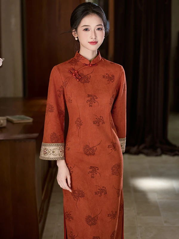 

Новая китайская замшевая блузка-рубашка JU QIAN с длинным рукавом, осенне-зимняя, красная, в стиле ретро, молодежная модель