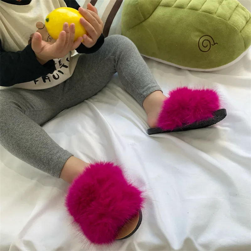 Faux Fur Slippers Children Home Flat Slides Furry Summer Shoes Soft Sole Kids Slippers for Girls Shoes Indoor Flip Flops CSH1420