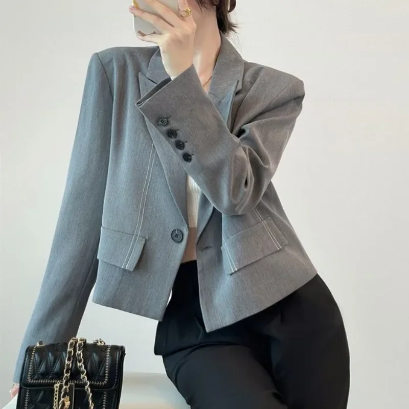 Blazer crop Mode Korea wanita, baju kantor elegan modis gaya malas desain Retro berkancing bergaris musim gugur trendi