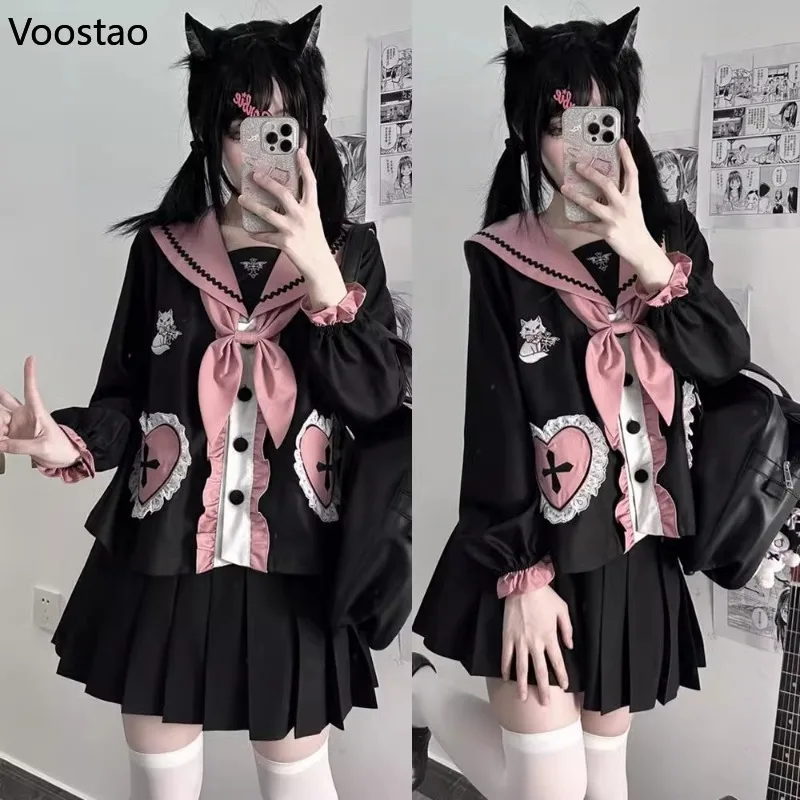 Japanese Preppy Style School JK Uniform Sets Women Gothic Bow Cartoon Embroidery Tops Mini Pleated Skirt Suit Y2k Lolita Outfits