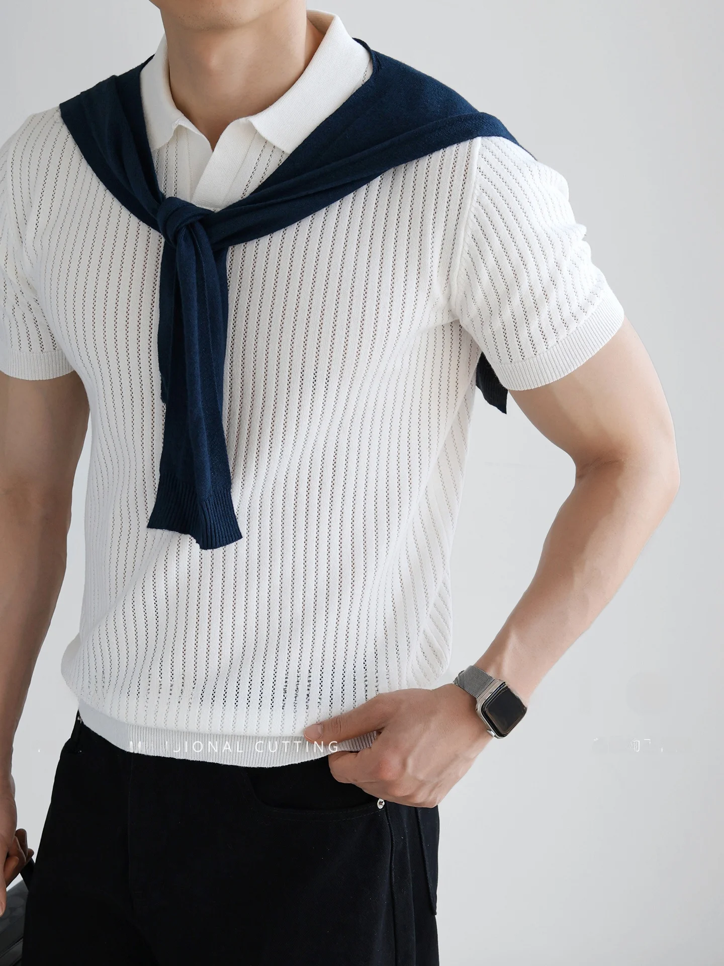 Breathable Knitted Short Sleeve  Shirt Casual Summer Business Sea Gull Collar Men's Clothing Cotton Blend Polyester Fiber