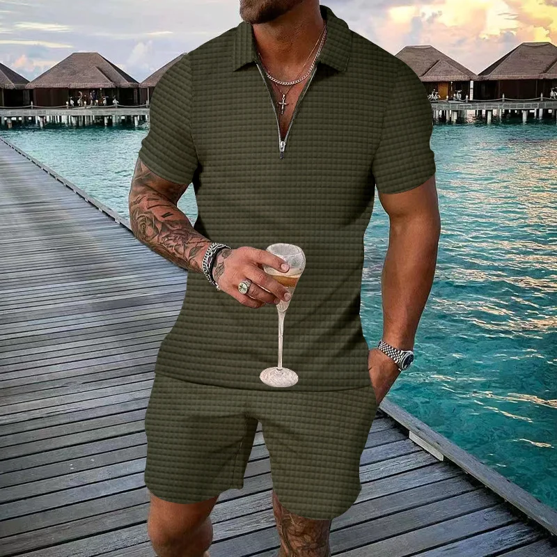 

Мужской летний повседневный комплект: рубашка-поло с воротником на молнии и коротким рукавом, с жаккардовым узором в клетку, в европейском и американском стиле