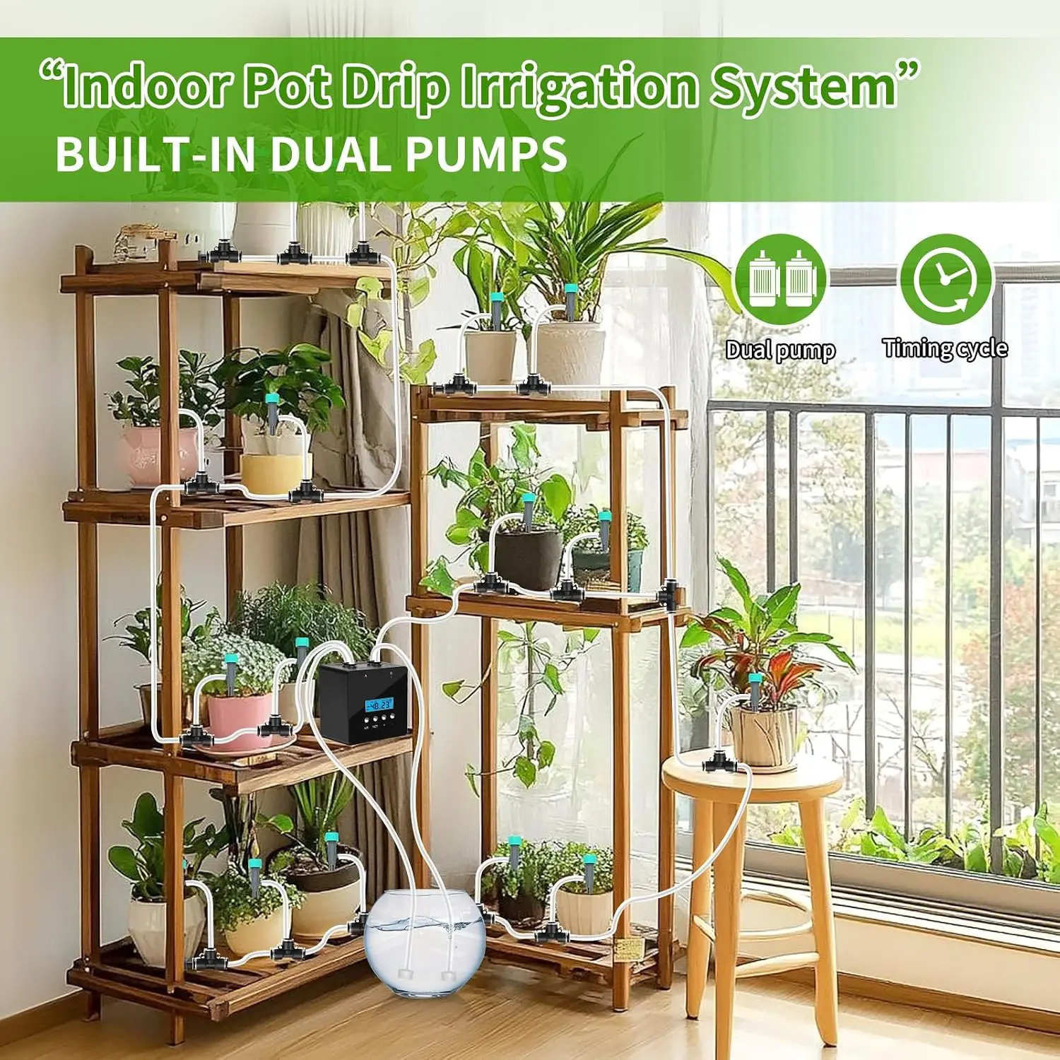 Dual Pump Auto Watering System for 20 Pots, 30-Day Timer with USB-C