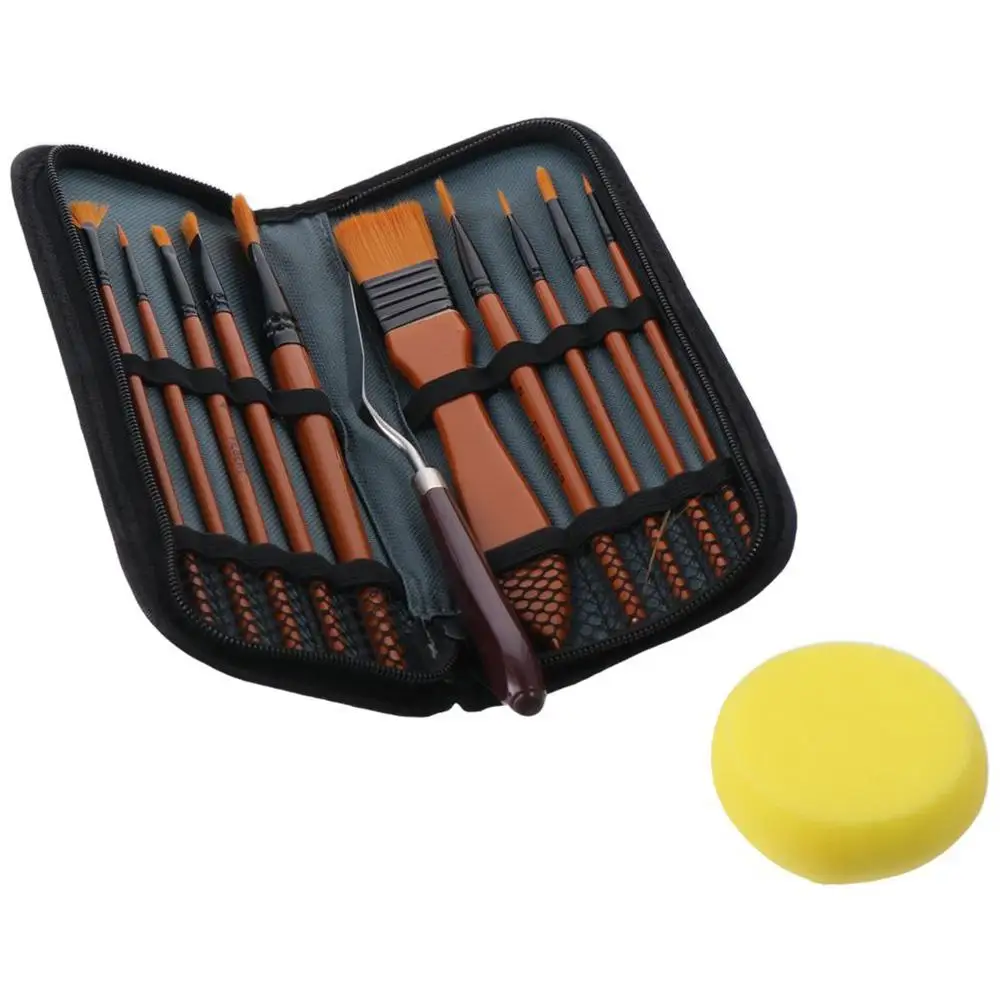 Wood 10 Pieces Paint Brush Set Composed of Orange and Black 23*9.5cm 1 Paint Spatula with Brush Case For Acrylic